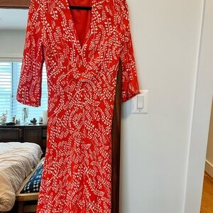 RIXO Red and White Mid Sleeve Dress